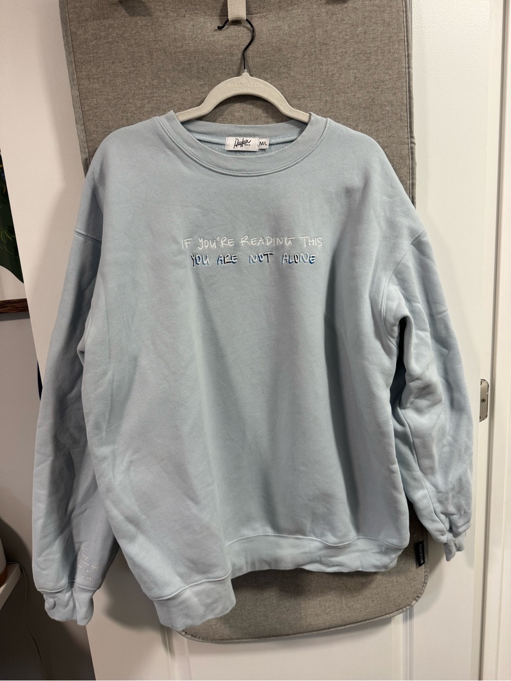 Perry Ellis Light Blue Crewneck Sweatshirt with Embroidered Message